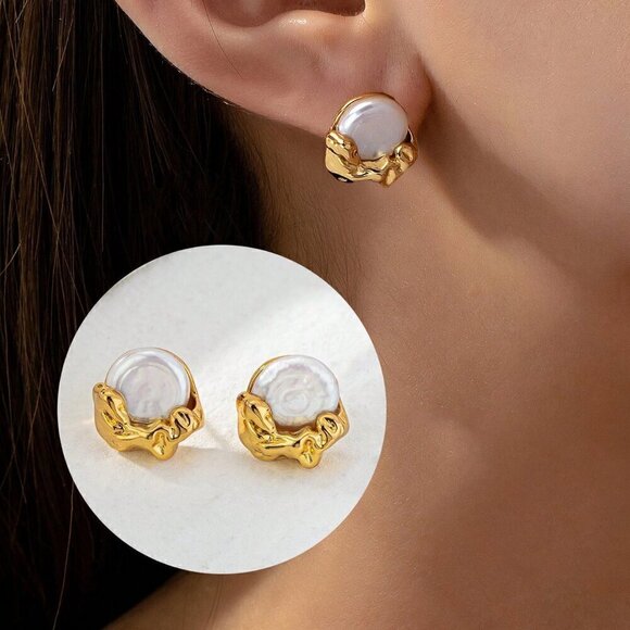 Gold Women's Copper Plated 18K Irregular Freshwater Pearl Retro Elegant Earrings - Picture 1 of 4